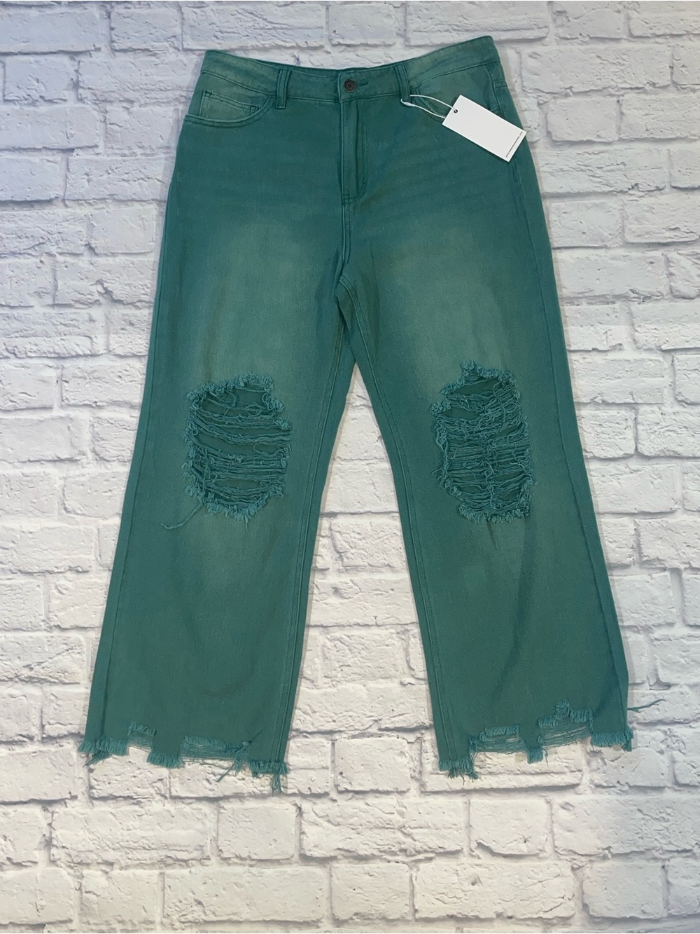 The Jayde" Deep Green Distressed Light Weight Denim Jeans